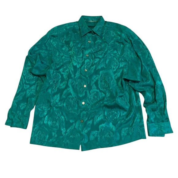 Vintage Tops - Vintage Emerald Green Floral Rose Jacquard Satin Blouse Top 80s 90s Size L/XL